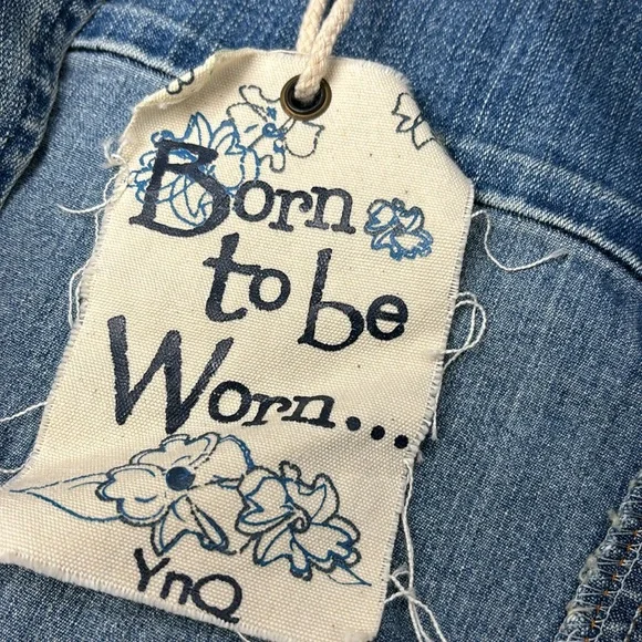 NWT YnQ Signature Distressed Cropped Denim Jacket Medium Blue Jean Jacket Trendy - Picture 15 of 16